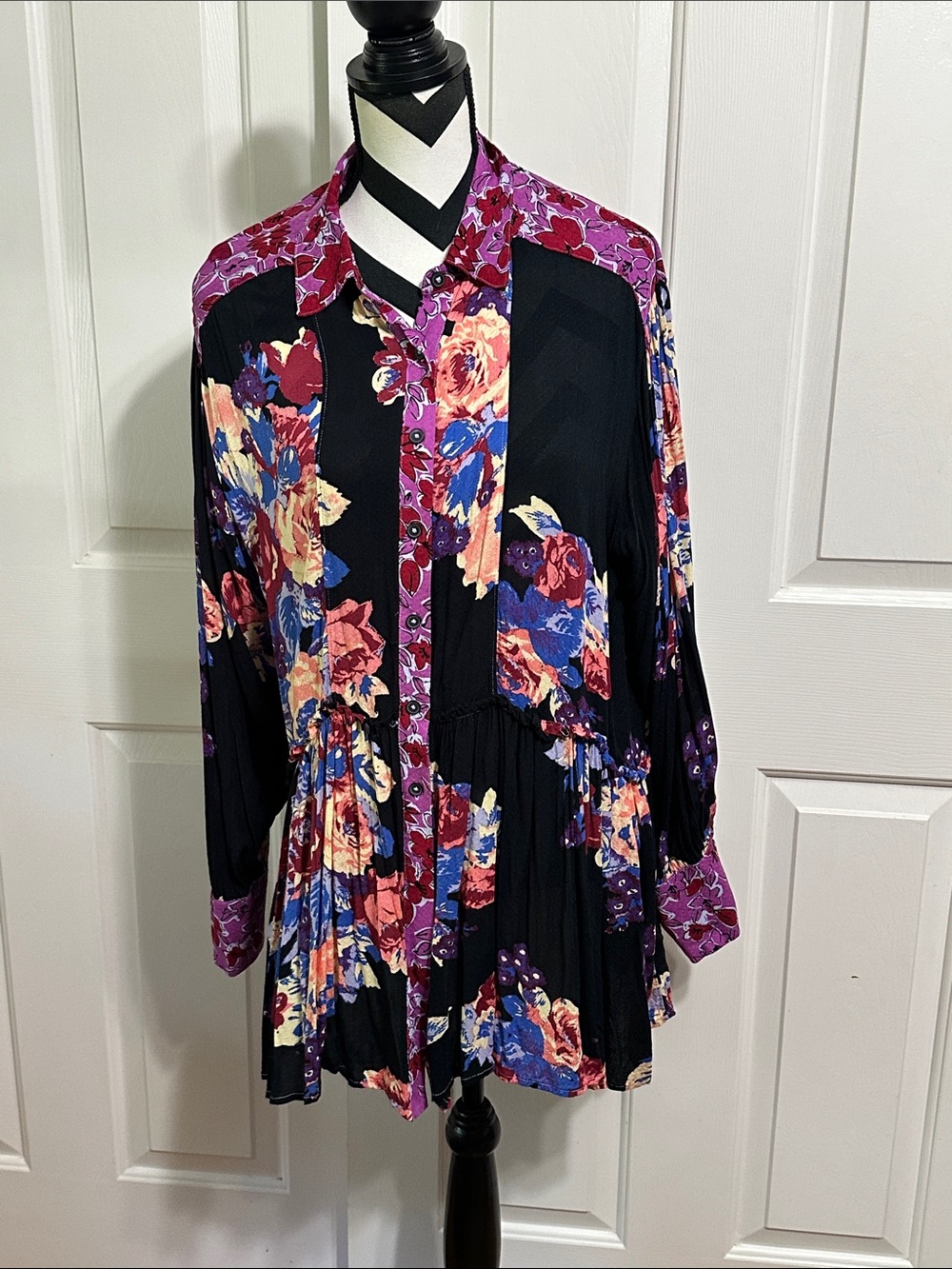 Free People Black Floral Button-Front Tunic